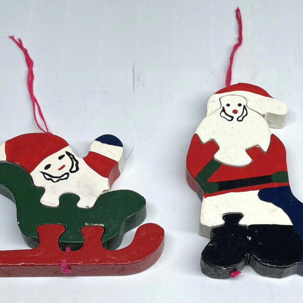 Painted Wood Jigsaw Puzzle Santa Christmas‎ Ornaments Set of 2 Vintage